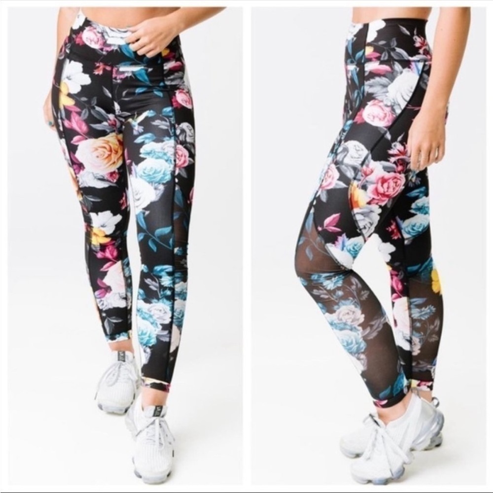 ZYIA Dark Floral Mesh Hi Rise Leggings